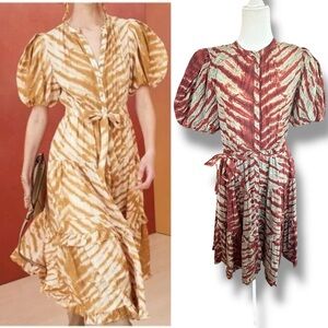 Ulla Johnson Magdalena Midi Dress Burgundy Tiger Print Puff Sleeves Ruffled Sz 8